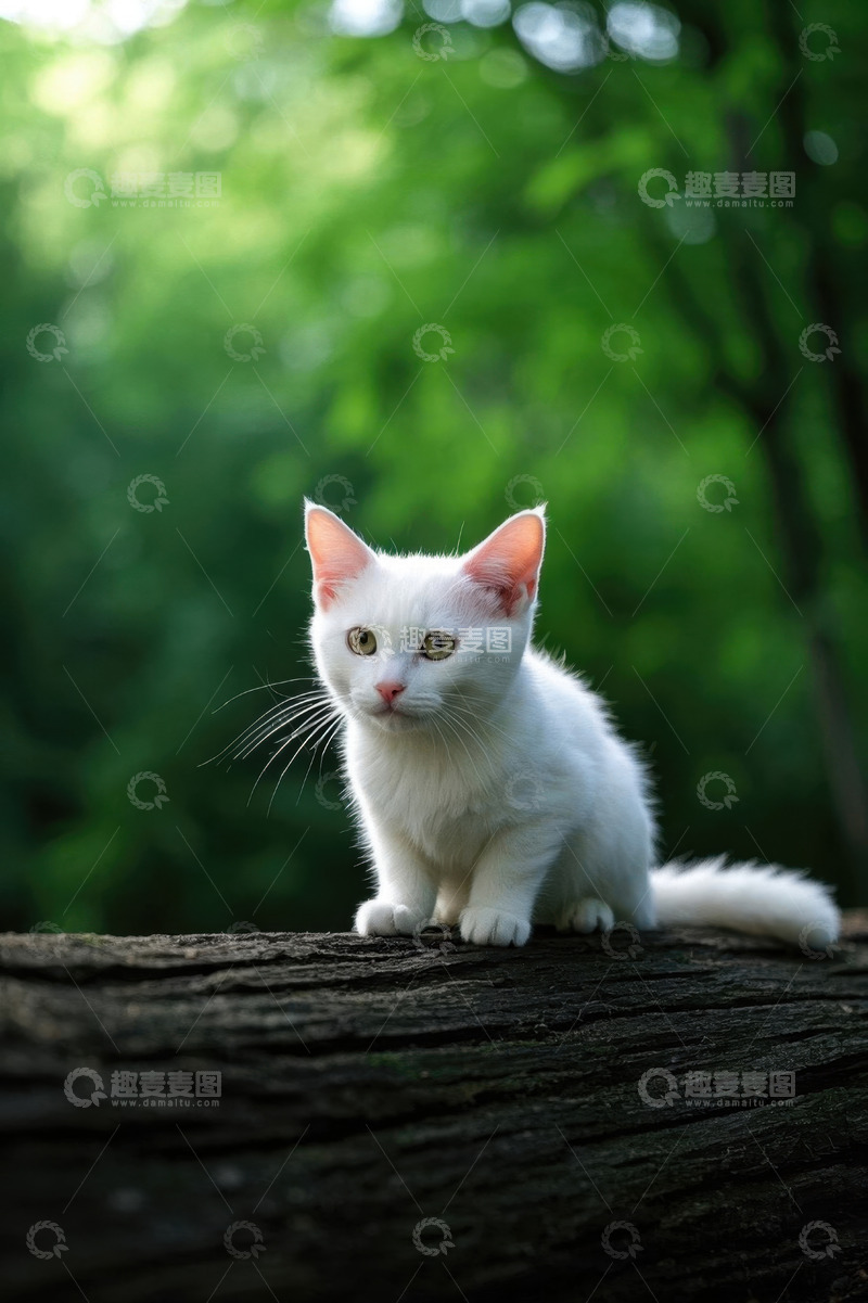 高清大图下载【趣麦麦图】林间白小猫蹲坐画面