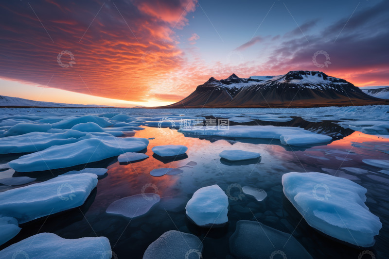 高清大图下载【趣麦麦图】冰川湖面漂浮冰块日落景观