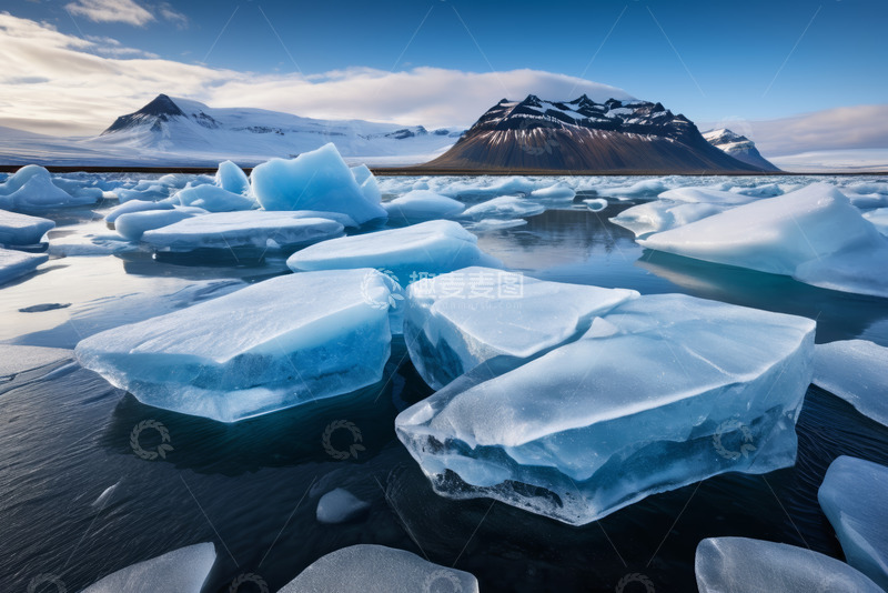 高清大图下载【趣麦麦图】冰岛水面漂浮冰块与远山景观