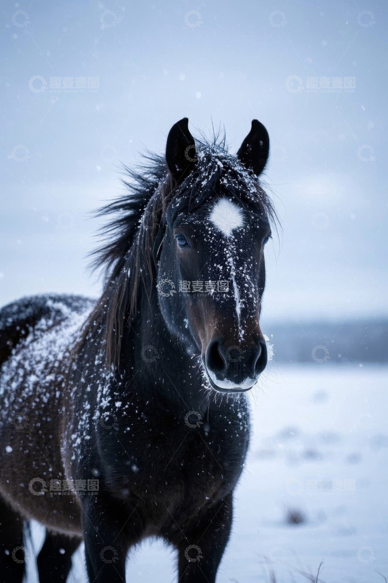 高清大图下载【趣麦麦图】雪地中的黑色骏马特写
