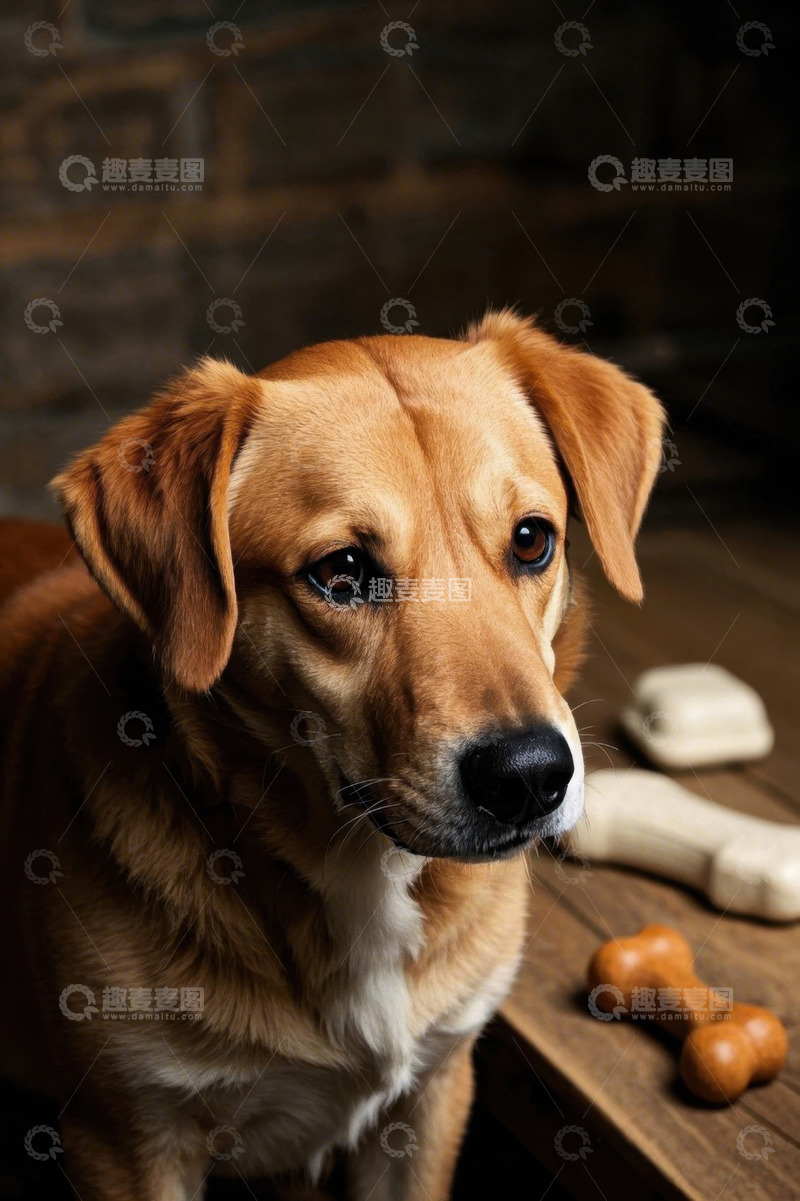 高清大图下载【趣麦麦图】棕色小狗与玩具骨特写