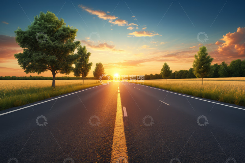 高清大图下载【趣麦麦图】夕阳下的乡村公路景观