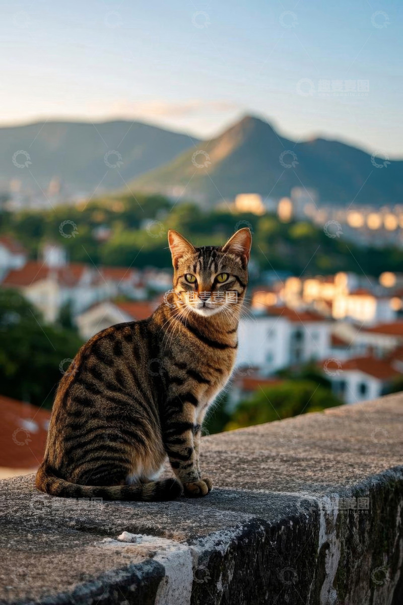 高清大图下载【趣麦麦图】墙头猫咪与城市远山风景