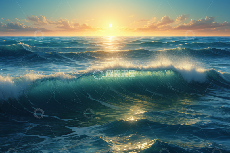 高清大图下载【趣麦麦图】海上日落时的波浪景象