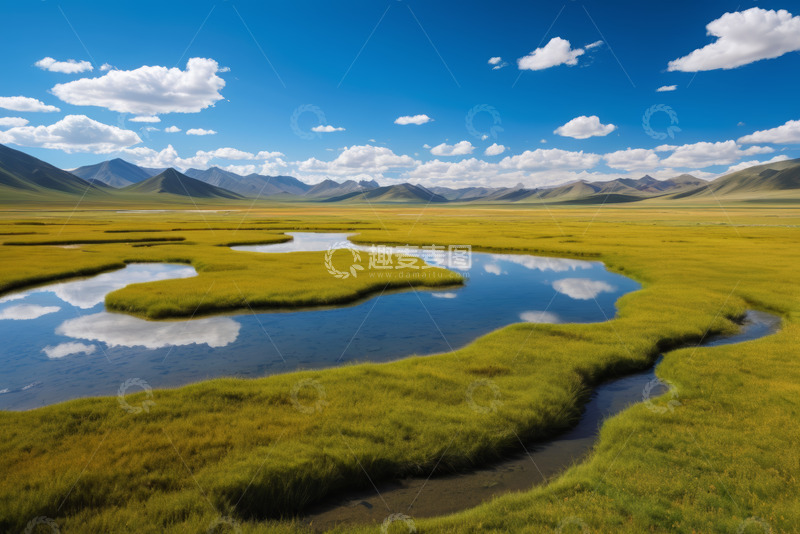 高清大图下载【趣麦麦图】草原湿地与远山风景