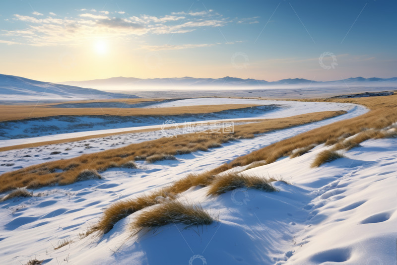 高清大图下载【趣麦麦图】冬日雪地草原日出景色