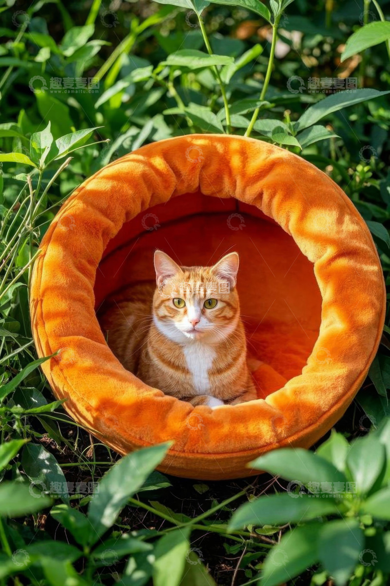 高清大图下载【趣麦麦图】橘猫于户外猫窝休憩