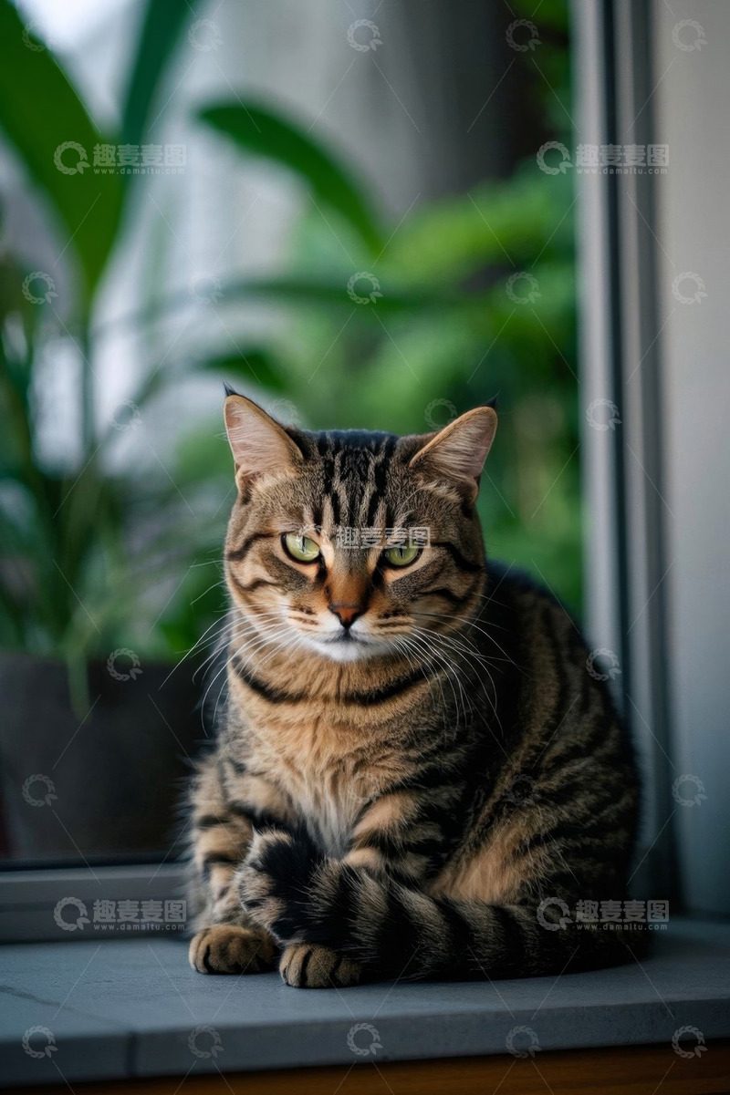 高清大图下载【趣麦麦图】窗边坐着的条纹猫咪