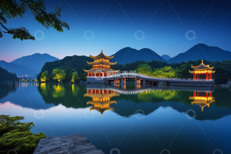 高清大图下载【趣麦麦图】湖景中式楼阁夜景全景