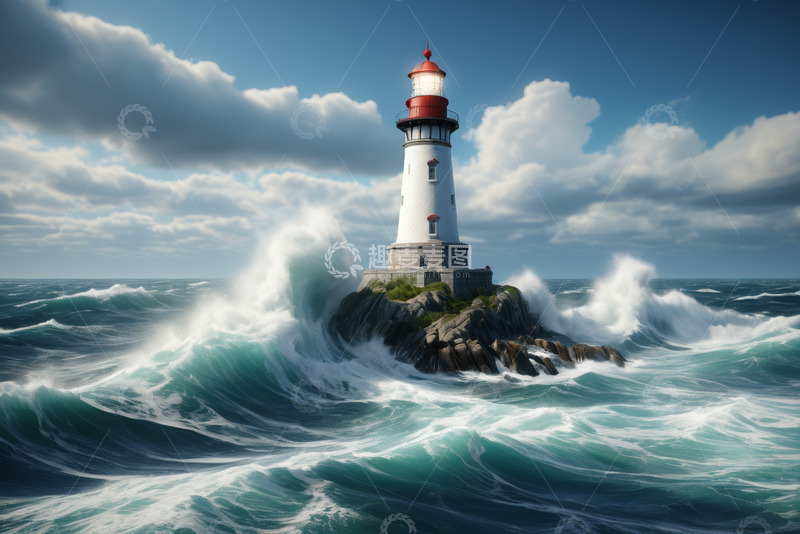 高清大图下载【趣麦麦图】海浪中的海上灯塔