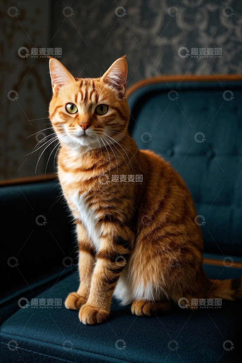 高清大图下载【趣麦麦图】橘色条纹猫端坐沙发