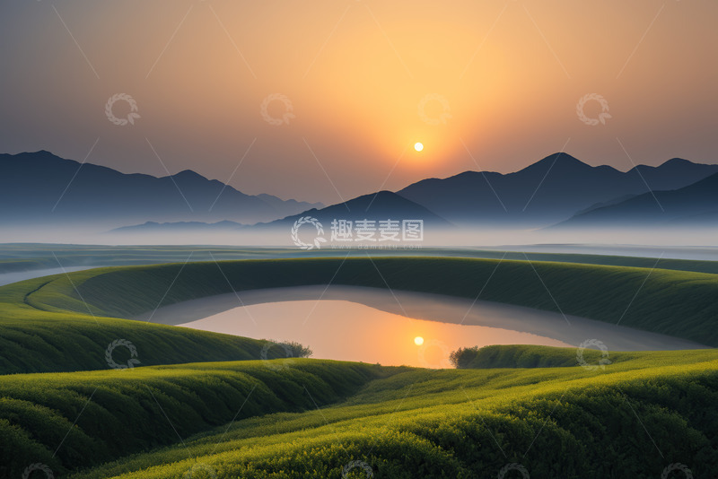 高清大图下载【趣麦麦图】山间日出下的绿色田野与湖泊