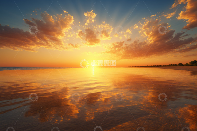 高清大图下载【趣麦麦图】海边日落天空云彩倒影景象