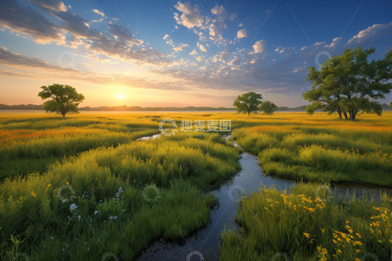 高清大图下载【趣麦麦图】田野河流日出自然风光