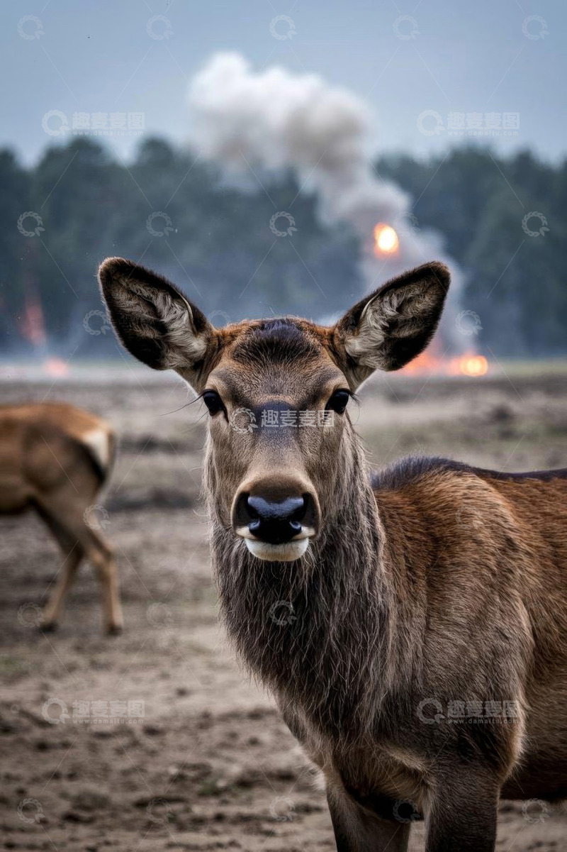 高清大图下载【趣麦麦图】野外鹿群近景与远处火情