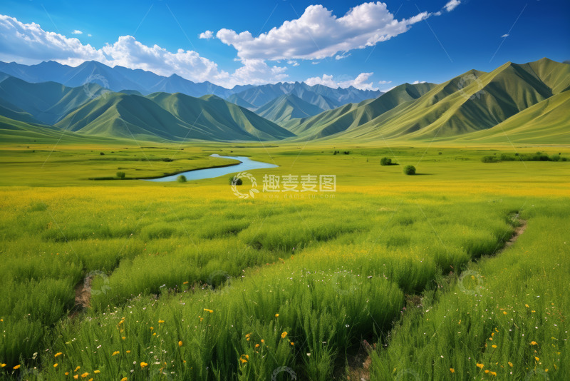 高清大图下载【趣麦麦图】草原山谷间的河流与远山景观
