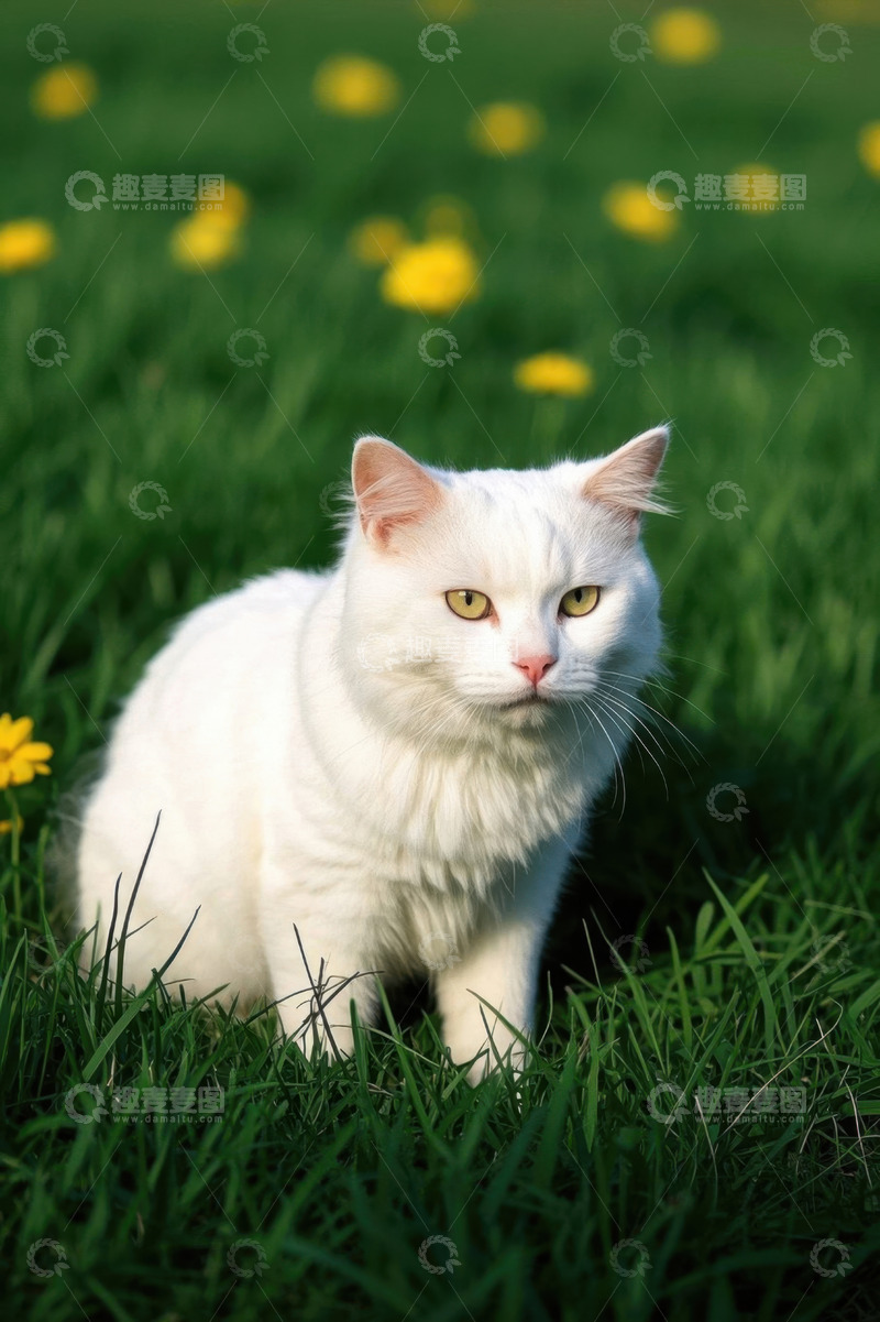 高清大图下载【趣麦麦图】草地上的白色猫咪