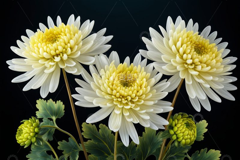 高清大图下载【趣麦麦图】三朵盛开的白黄相间菊花