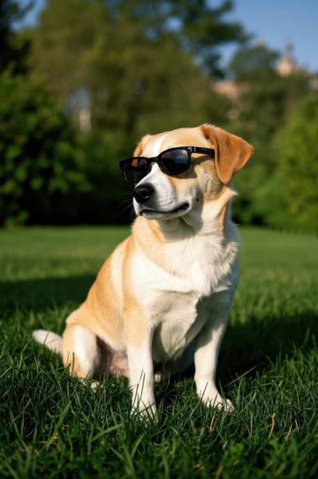 草地上戴墨镜坐着的宠物狗