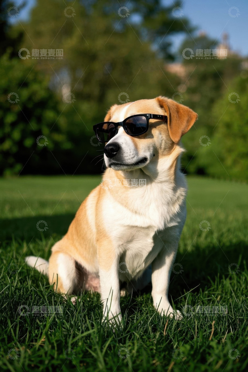 高清大图下载【趣麦麦图】草地上戴墨镜坐着的宠物狗
