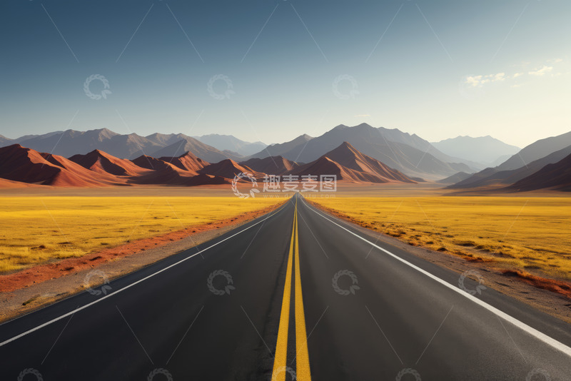 高清大图下载【趣麦麦图】沙漠公路与远处山脉风景