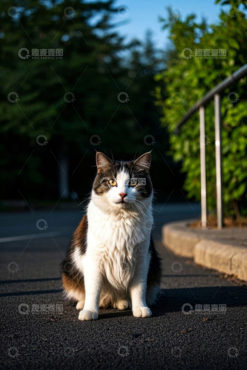 高清大图下载【趣麦麦图】户外坐着的三色猫