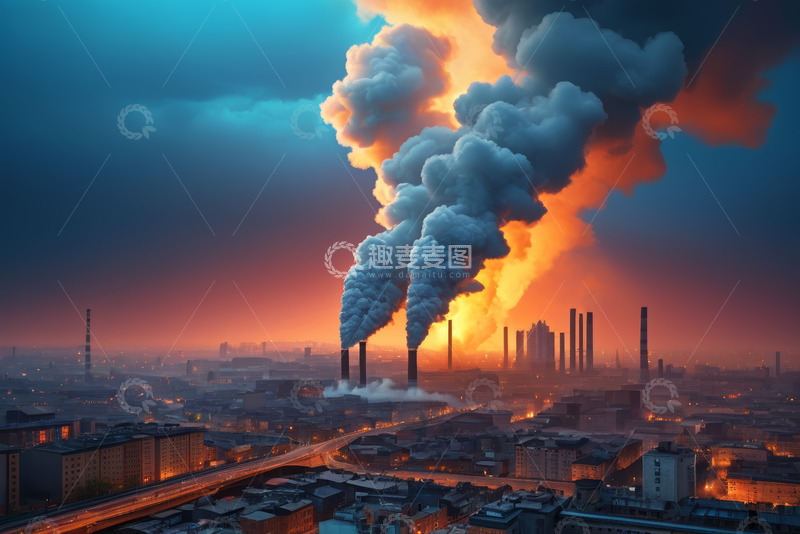 高清大图下载【趣麦麦图】城市工业区烟囱排放烟雾景象