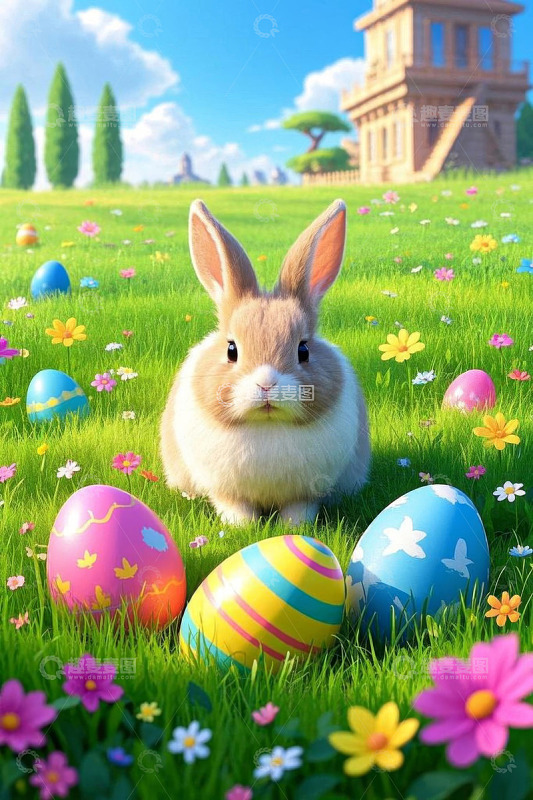复活节兔子与彩蛋田园场景