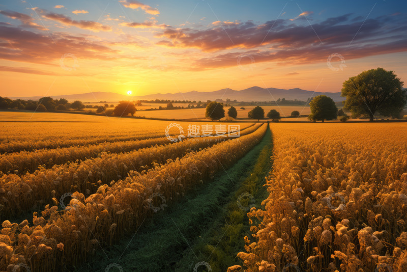 高清大图下载【趣麦麦图】夕阳下的麦田自然风光