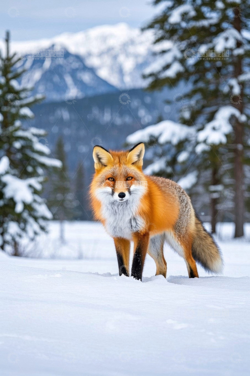 高清大图下载【趣麦麦图】雪地中站立的野生红狐狸