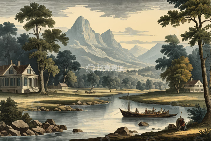 高清大图下载【趣麦麦图】乡村河畔风景与船只人物