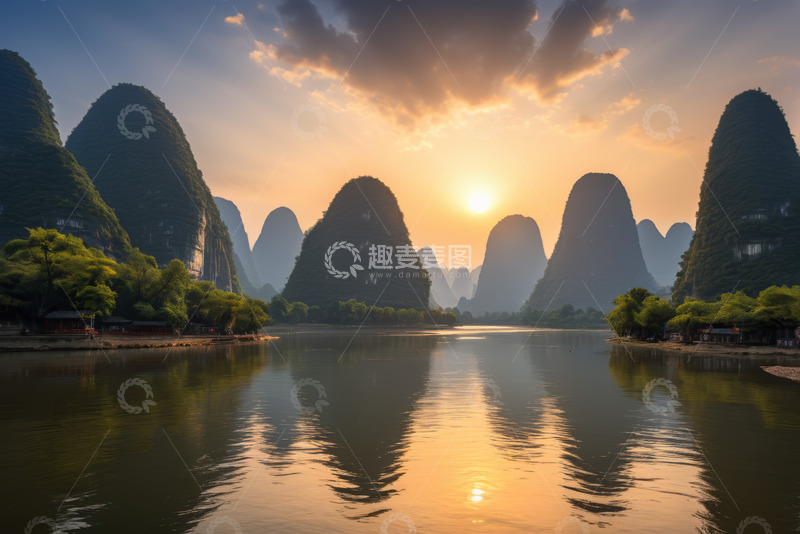 高清大图下载【趣麦麦图】桂林漓江山水日落景象