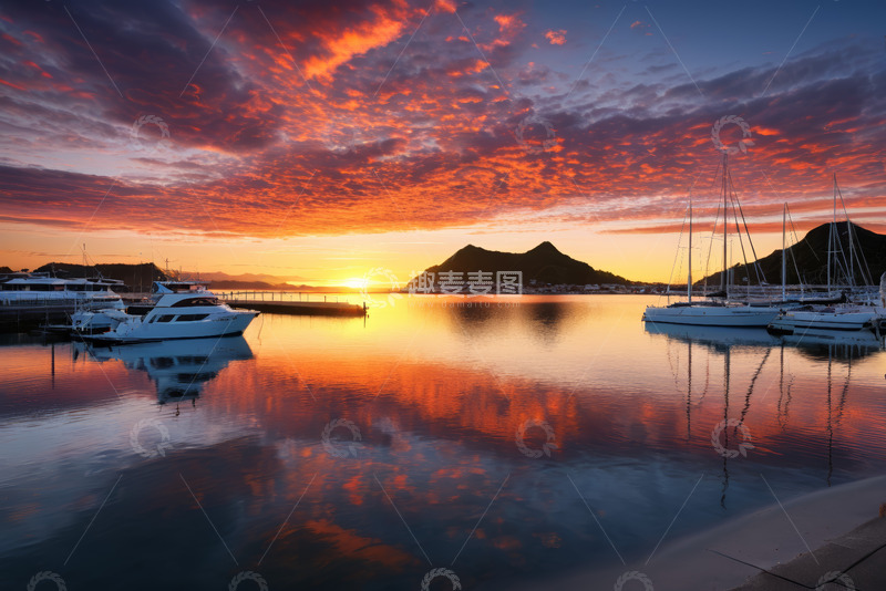 高清大图下载【趣麦麦图】海港日出时停泊的游艇
