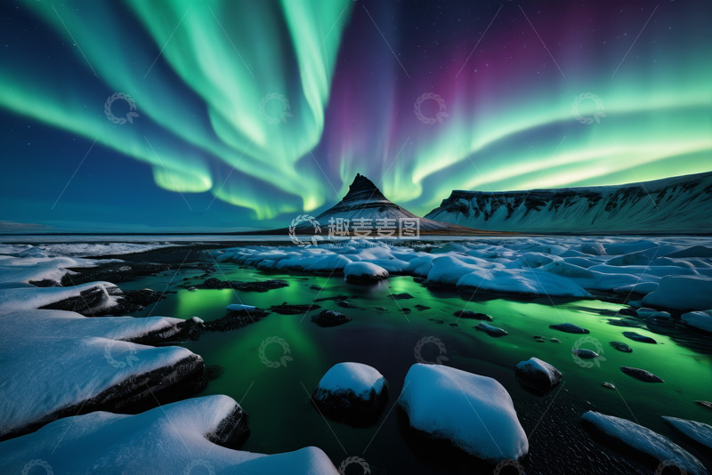 高清大图下载【趣麦麦图】冰岛极光下的雪山与冰湖景观