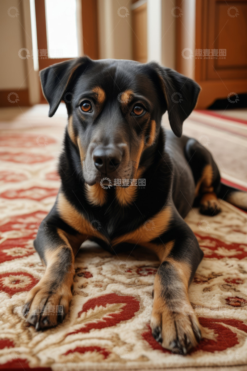 高清大图下载【趣麦麦图】室内趴在地毯上的黑色宠物犬
