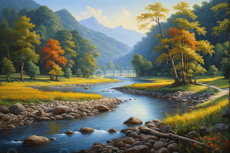 高清大图下载【趣麦麦图】山间河流旁的树林自然风光