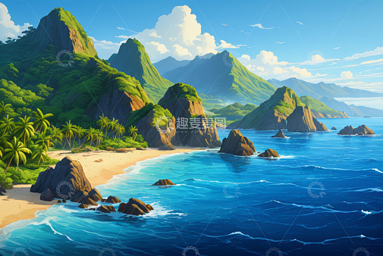 海边青山与沙滩风景