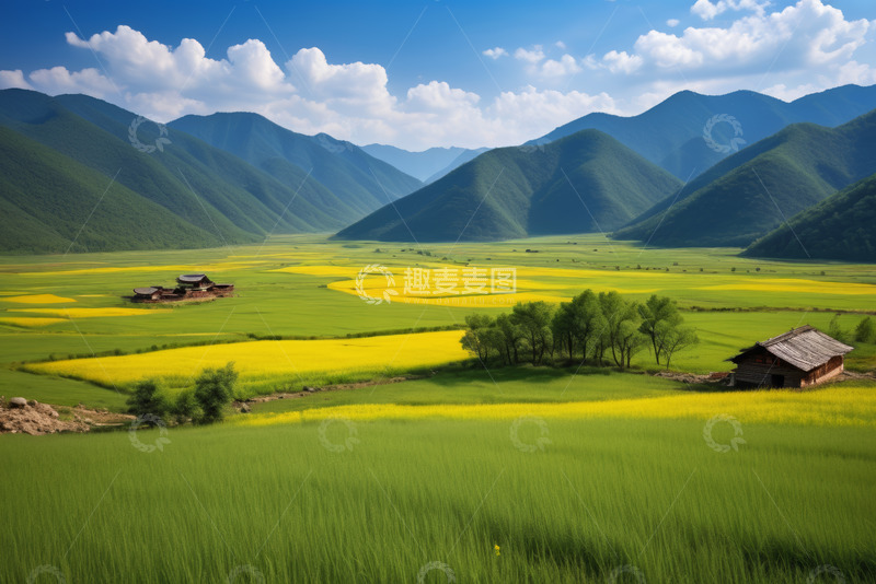 高清大图下载【趣麦麦图】山野间黄绿相间田园风光