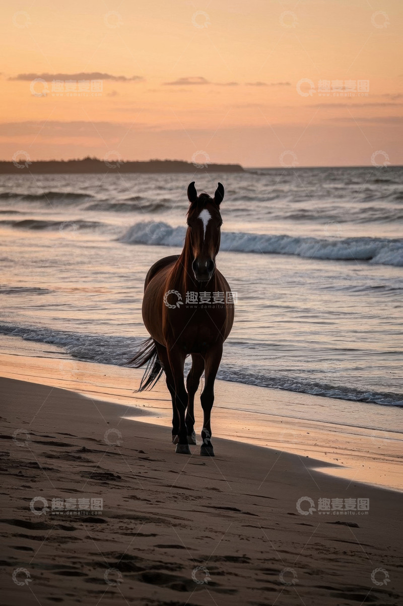 高清大图下载【趣麦麦图】海滩上行走的马