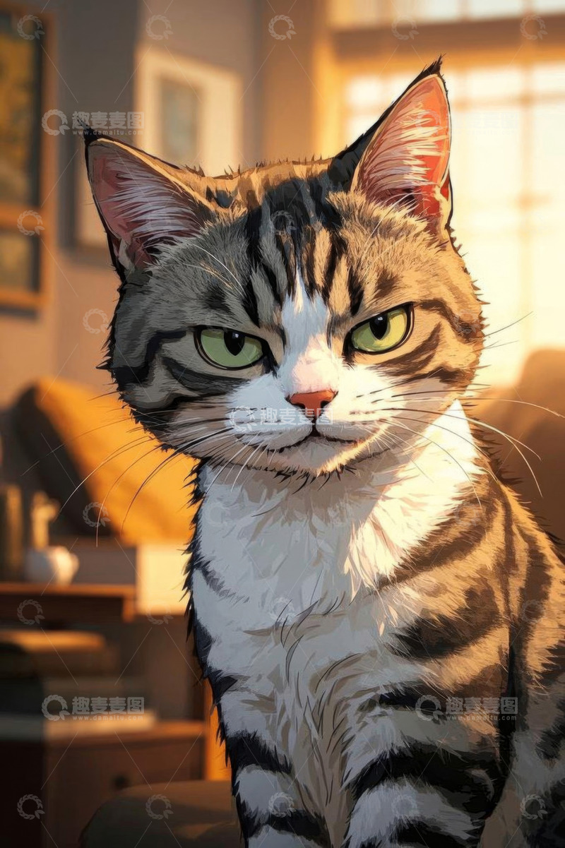 高清大图下载【趣麦麦图】室内坐着的虎斑猫