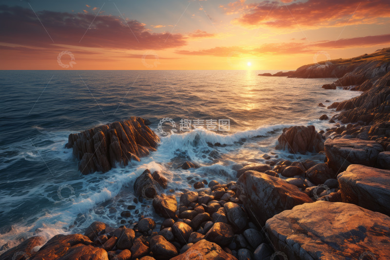 高清大图下载【趣麦麦图】海边日落岩石海岸风景