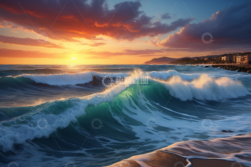 高清大图下载【趣麦麦图】海滩日落海浪景观