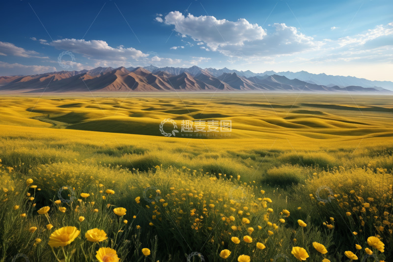 高清大图下载【趣麦麦图】广袤原野上的黄色花海与远山