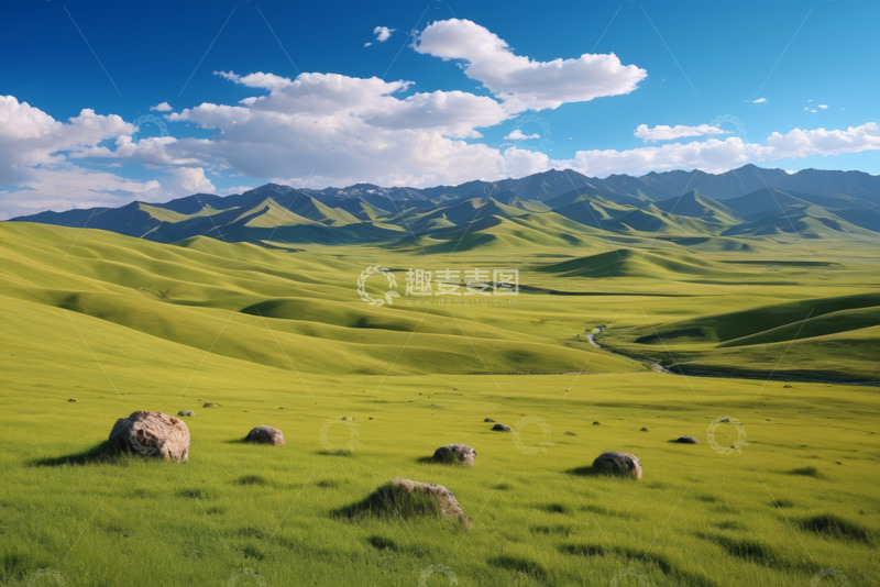 高清大图下载【趣麦麦图】草原山丘蓝天白云自然风光