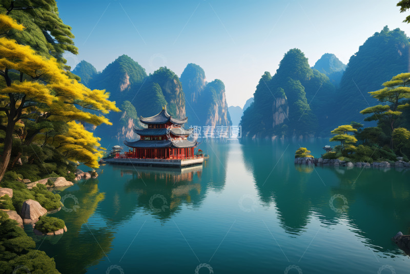 高清大图下载【趣麦麦图】山水间中式楼阁自然风光