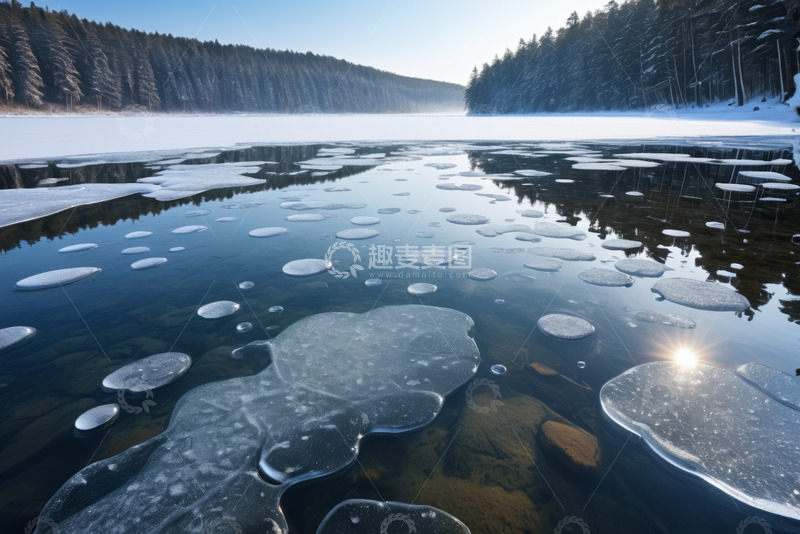 高清大图下载【趣麦麦图】冬日湖面浮冰与森林景观