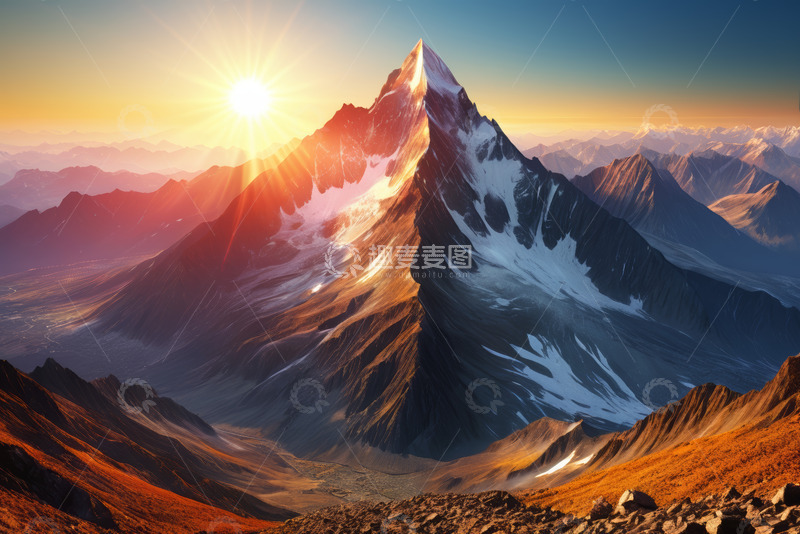 高清大图下载【趣麦麦图】日出时分的雪山壮丽景观