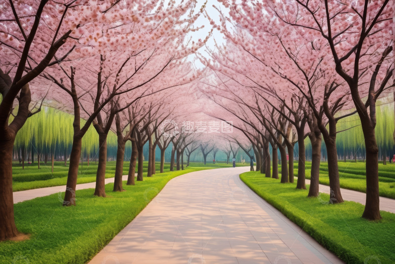 高清大图下载【趣麦麦图】户外樱花树步道自然风光