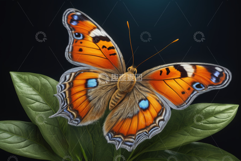 高清大图下载【趣麦麦图】橙色蝴蝶停驻绿叶特写