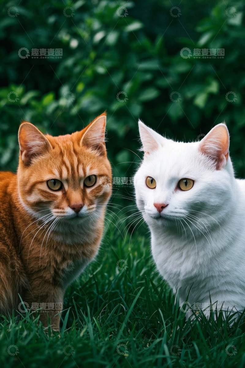 高清大图下载【趣麦麦图】草地上的橘猫与白猫